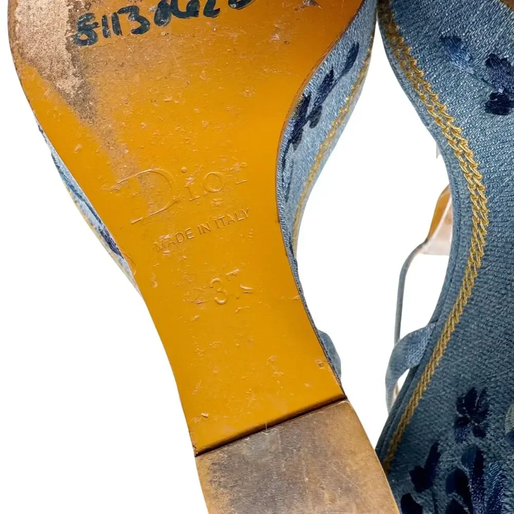 Christian Dior Galliano Denim Floral Embroidered CD Wedge Sandals Size 37